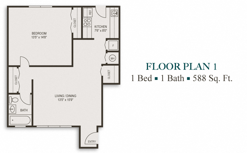 Floor plan for 1 bed, 1 bath, 587 sqft